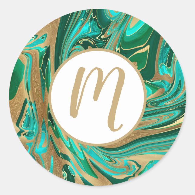Adesivo Redondo Mármore Líquido Verde e Dourado (Frente)