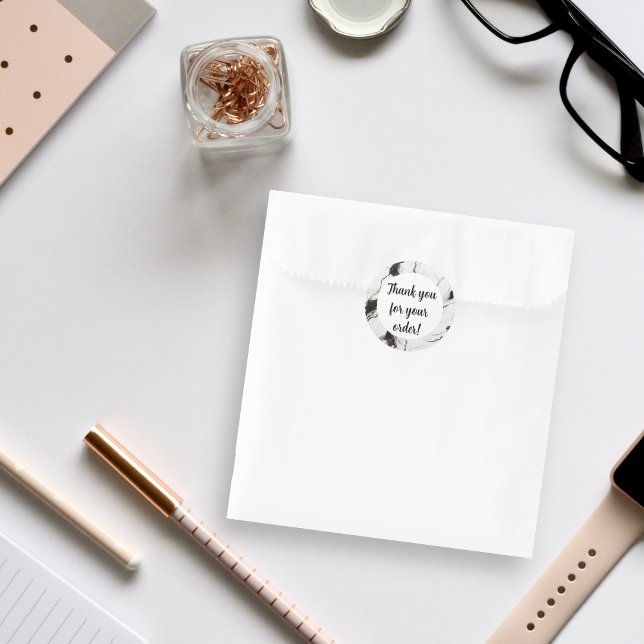 Adesivo Redondo Mármore preto e branco Obrigado (Criador carregado)