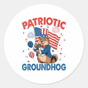 Adesivo Redondo Marmota Patriótica Bandeira Americana 4 De Julho