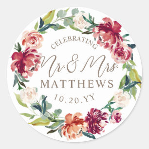 Adesivo Redondo Maroon Burgundy Green Floral Chá de casamento