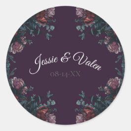 Adesivo Redondo Maroon Mauve, Casamento Elegante Floral Roxo Escur