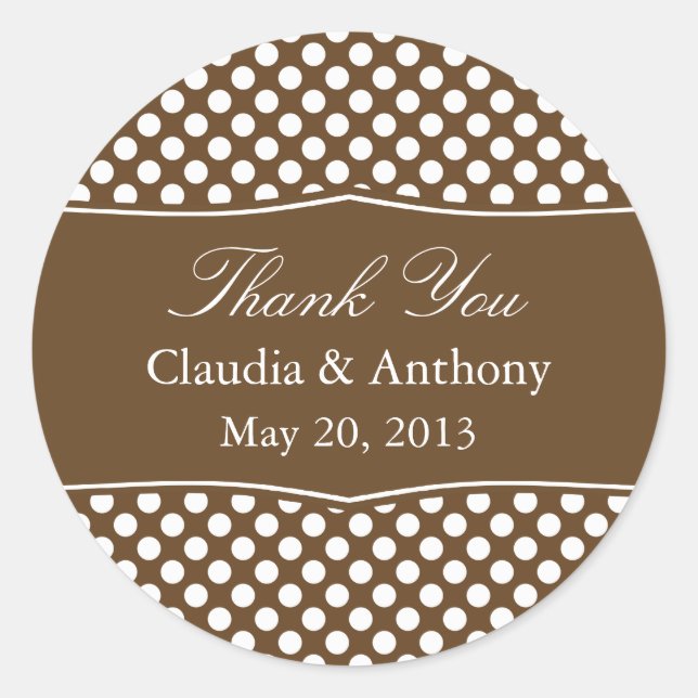 Adesivo Redondo Marrom e Bolinhas Branca Obrigado Casamento (Frente)