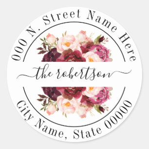 Adesivo Redondo Marsala burgudy floral boho chic back address