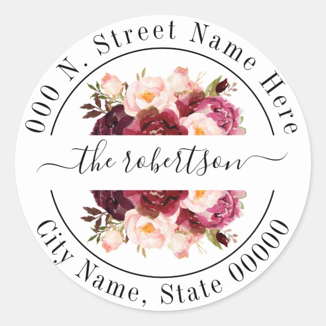 Adesivo Redondo Marsala burgudy floral boho chic back address (Frente)