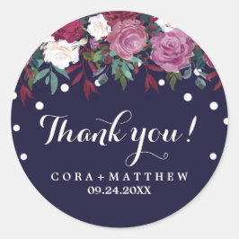 Adesivo Redondo Marsala e Burgundy Floral em Marinho Obrigado