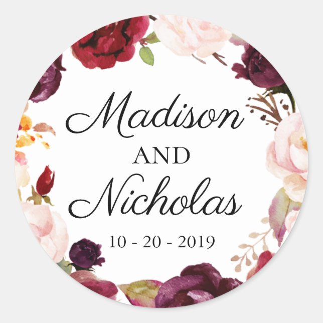 Adesivo Redondo Marsala, Pink Floral Wedding Envelope Seal Sticker (Frente)