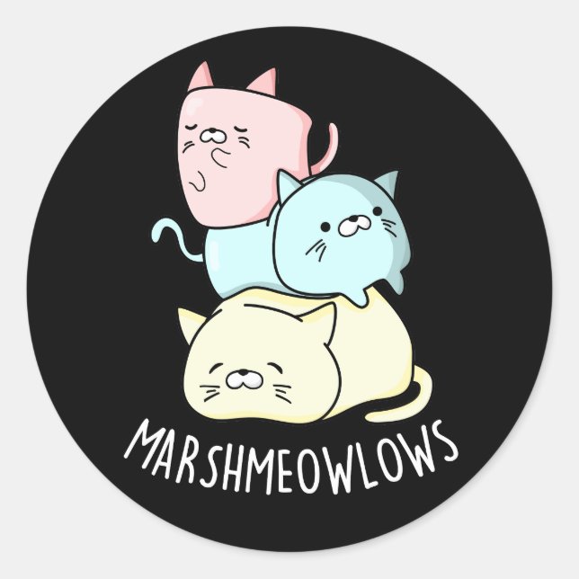 Adesivo Redondo Marsh-meow Engraçado Gato Marshmallow Pun Dark BG (Frente)