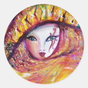 ADESIVO REDONDO MÁSCARA CARNIVAL VENETINA EM AMARELO DOURADO