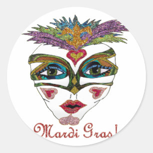 Adesivo Redondo Máscara de Pena Brilhante Colorida de Mardi Gras