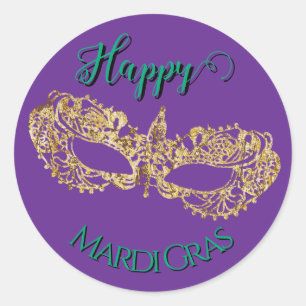 Adesivo Redondo Máscara Elegante e Brilhante de Mardi Gras Dourada