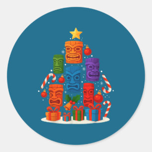 Adesivo Redondo Máscara Tiki Luau Árvore de Natal Havaiano Chapéu 