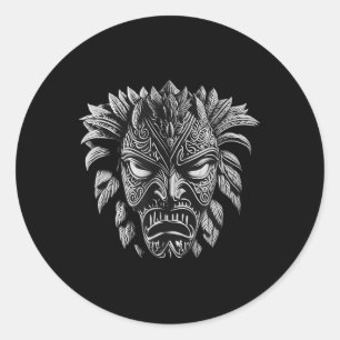 Adesivo Redondo Máscara Tribal, Design Branco E Preto, Guerra Poli