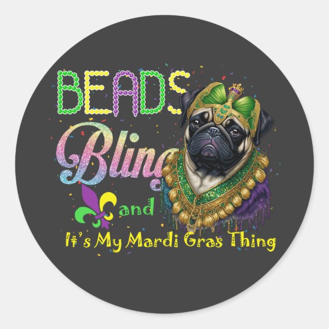 Adesivo Redondo Mascarada de Carnaval do Miçanga Bling Pug Mardi G (Frente)