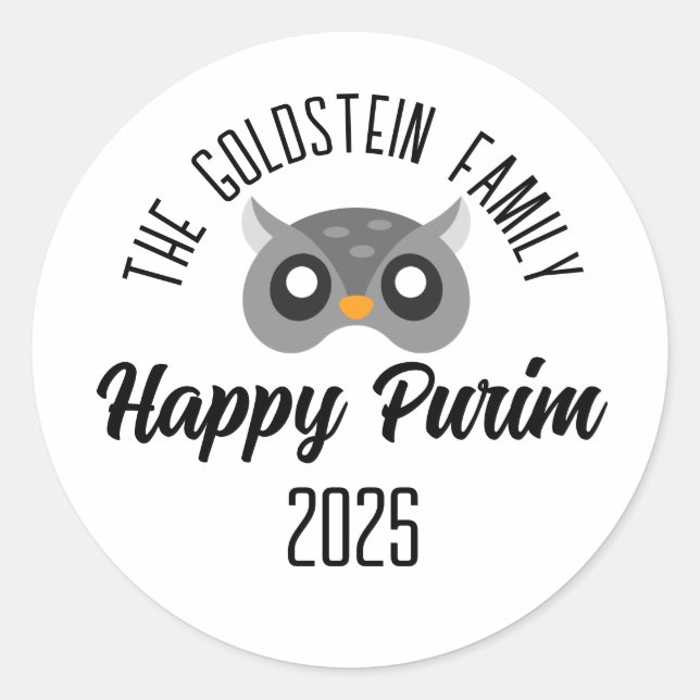 Adesivo Redondo Mascarada de máscara de coruja de Purim (Frente)