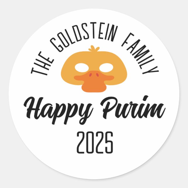 Adesivo Redondo Mascarada de máscara de pato de Purim (Frente)