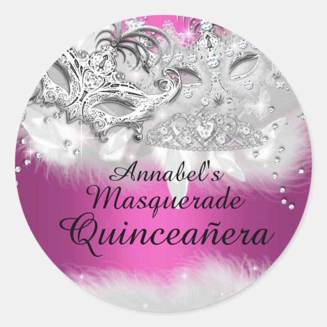 Adesivo Redondo Mascarada de Quinceanera, Coletor de Cinza Rosa Qu (Frente)