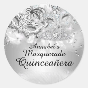 Adesivo Redondo Mascarada de Quinceanera Silver Sparkle