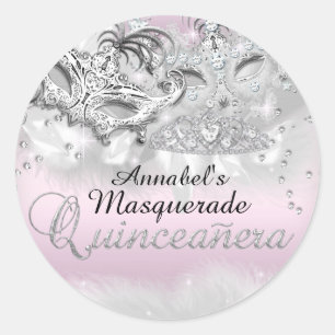 Adesivo Redondo Mascarada de Quinceanera Silver Sparkle Rosa