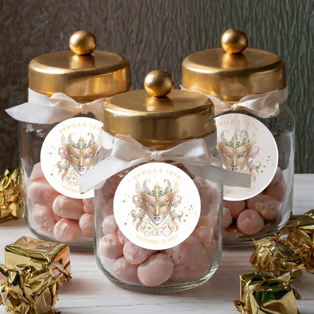 Adesivo Redondo Mascarada Motif Quinceanera Rosa Dourado ID1031 (Criador carregado)