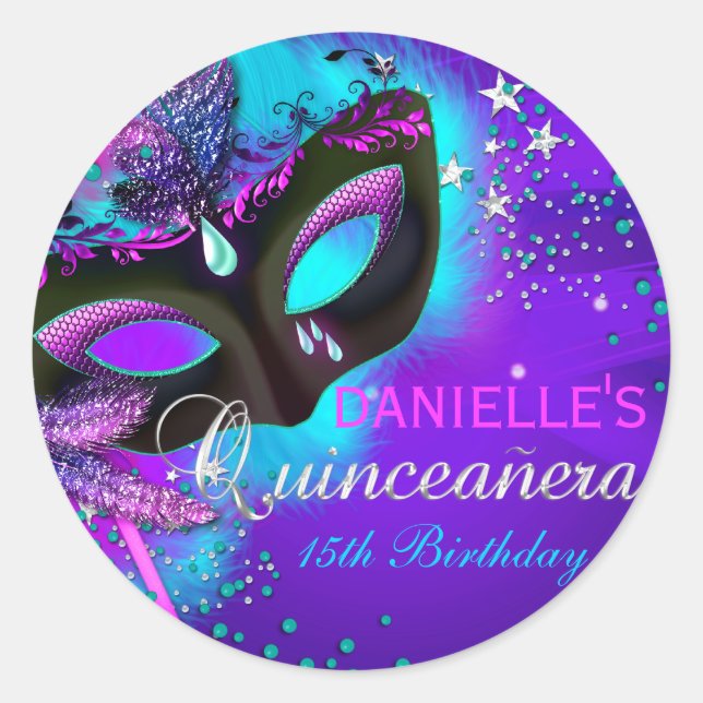 Adesivo Redondo Mascarada Purple & Teal Quinceanera Sticker (Frente)