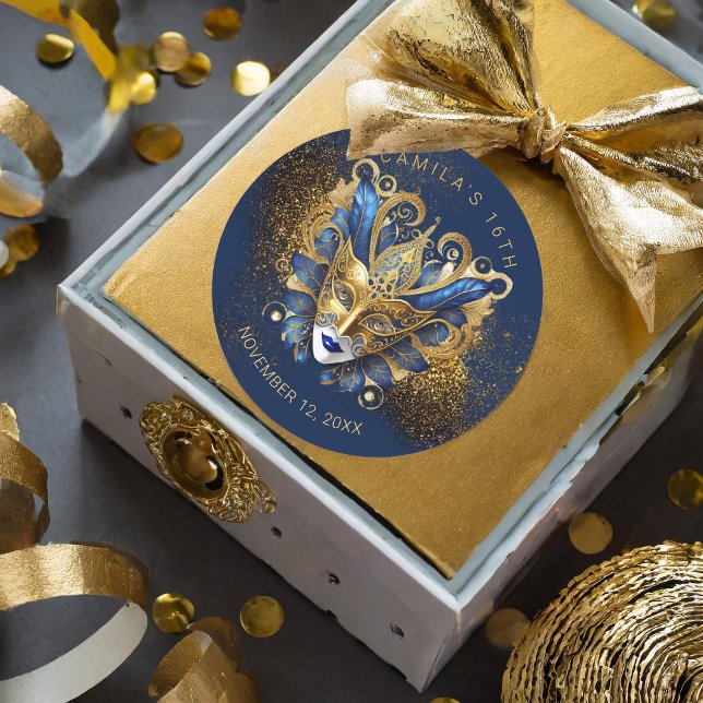 Adesivo Redondo Mascarada Sweet 16 Blue Dourado V2 ID1032 (Criador carregado)