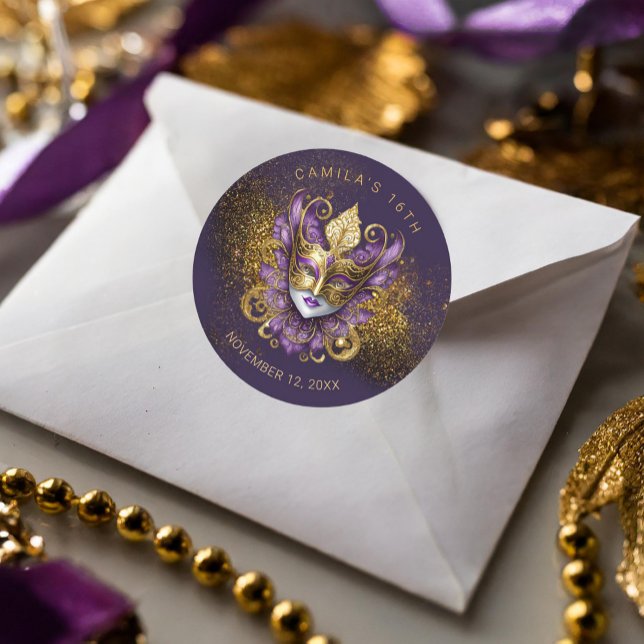 Adesivo Redondo Mascarada Sweet 16 Purple Dourado V2 ID1032 (Criador carregado)
