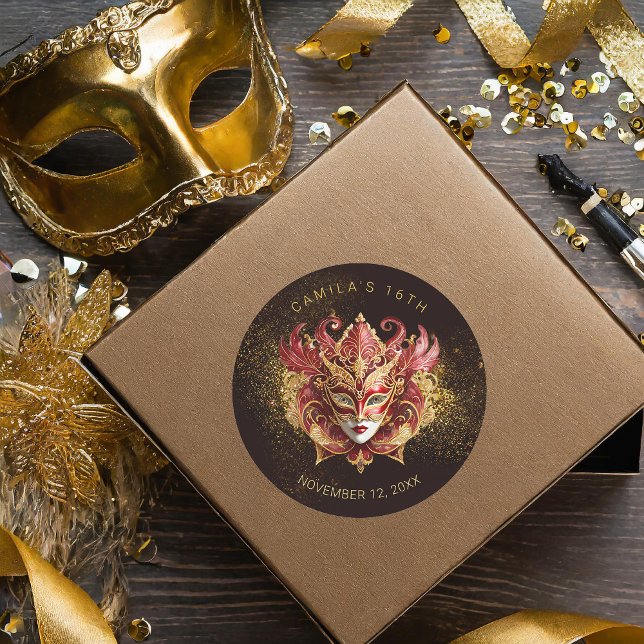 Adesivo Redondo Mascarada Sweet 16 Red Dourado V2 ID1032 (Criador carregado)