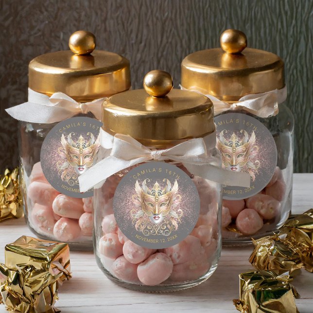 Adesivo Redondo Mascarada Sweet 16 Rosa Dourado V2 ID1032 (Criador carregado)