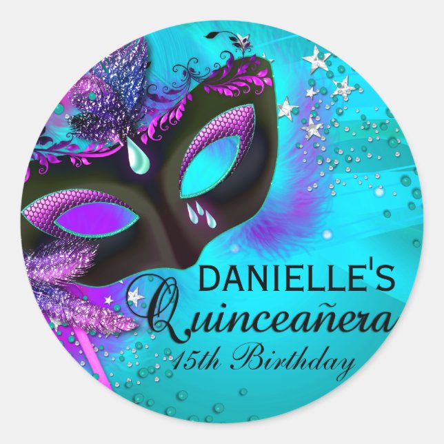 Adesivo Redondo Mascarada Teal & Purple Quinceanera Sticker (Frente)