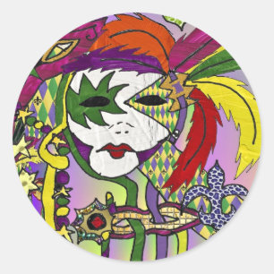 Adesivo Redondo Máscaras de Penas do Mardi Gras Psicodélico Presen