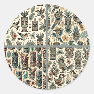 Adesivo Redondo Máscaras tropicais e aves Cinzas verdes