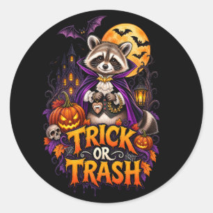 Adesivo Redondo Mascote de Guaxinim no Halloween de Vampiro Lixo o