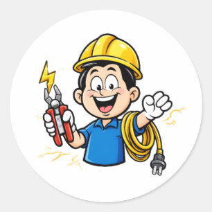 Adesivo Redondo Mascote Eletricista Energético Relâmpago Arte de D