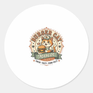 Adesivo Redondo Mascote Gato Hambúrguer Gato Comida Rápida Mascote