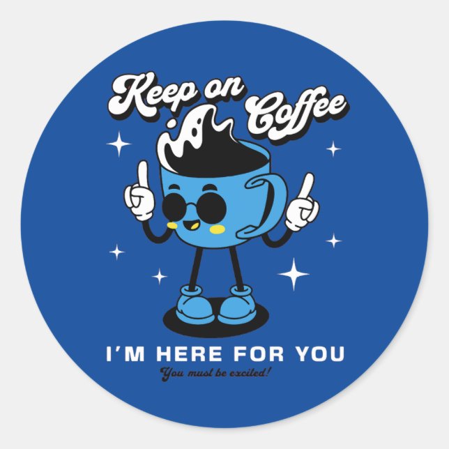 Adesivo Redondo Mascote Retroativo Engraçado do Café -3 (Frente)