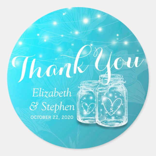 Adesivo Redondo Mason Jars & String Lights Casamento Favor Obrigad (Frente)