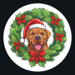 Adesivo Redondo Mastiff Christmas Wreath<br><div class="desc">Adicione um toque festivo à sua correspondência de férias com as nossas etiquetas festivas da coroa de Natal Mastiff! Estas etiquetas encantadoras mostram uma vibrante ilustração de uma coroa de Natal verde, com a adorável face sorridente de um Mastiff vestindo um feliz chapéu vermelho de Papai Noel no centro. Perfeito...</div>