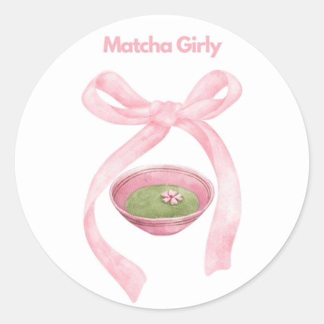 Adesivo Redondo Matcha Girly Sticker, Matcha, Arco Coquette (Frente)