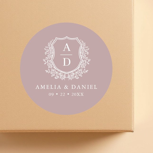 Adesivo Redondo Mauve Crest Modern Monogramas Wedding (Criador carregado)