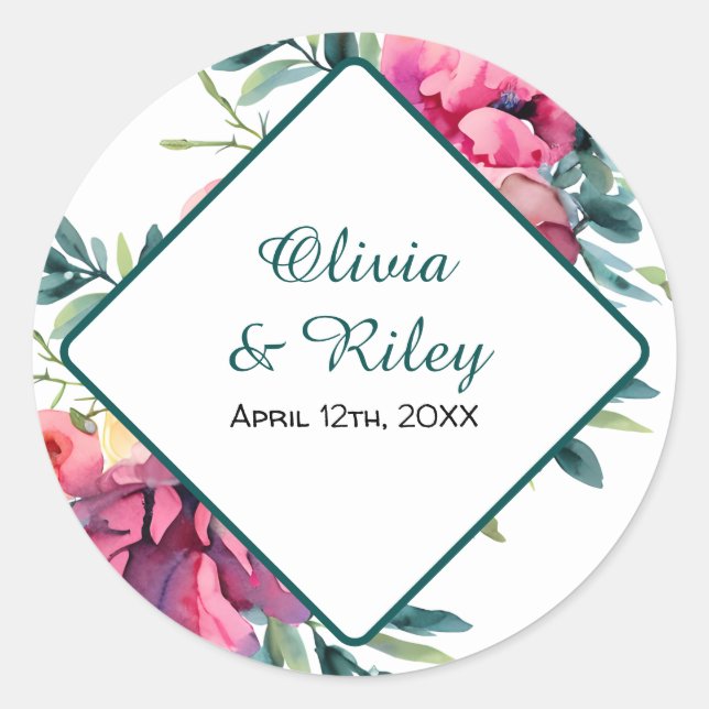 Adesivo Redondo Mauve e Burgundy Floral Wedding RSVP (Frente)