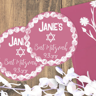 Adesivo Redondo Mauve Rosa Bat Mitzvah Personalizado