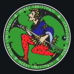 Adesivo Redondo Maxfield Parrish-y Christmas Elf<br><div class="desc">Decorre seus envelopes, pacotes de presentes e muito mais com IconDoÉ a variação original de um personagem clássico de Maxfield Parrish de 1920 com leggings de bolinhas Vermelha e negra de Papai Noel pancho azul de cobalto contra um fundo verde rico e rodeado com a frase repetida "Feliz Natal!". Escolher...</div>