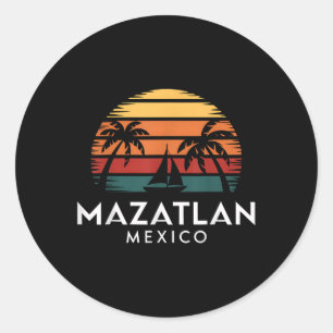 Adesivo Redondo Mazatlan México Pôr-do-Sol Retro Barco à Vela Féri