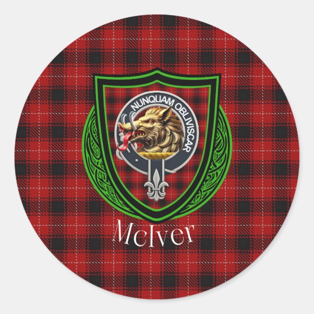 Adesivo Redondo McIver Scottish Clan Tartan & Crest (Frente)