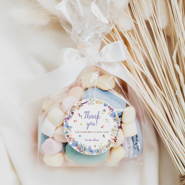 Adesivo Redondo Meadow Flowers Chá de fraldas obrigado você (Criador carregado)