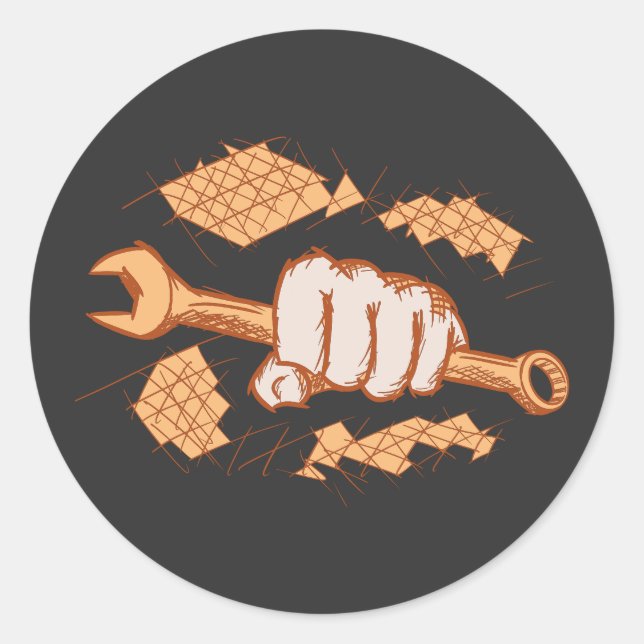 Adesivo Redondo Mecânico/técnico. Parafuso Wrench em Mão/Punho (Frente)