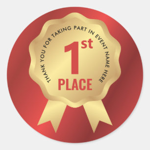 Adesivo Redondo Medalha de Primeiro Lugar Prêmio Vermelho e Dourad