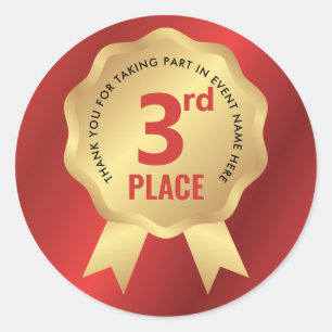 Adesivo Redondo Medalha de Terceiro Lugar Prêmio Vermelho e Dourad