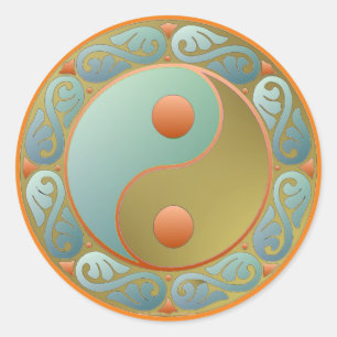 Adesivo Redondo Medalhão Dourado Yin Yang Turquesa