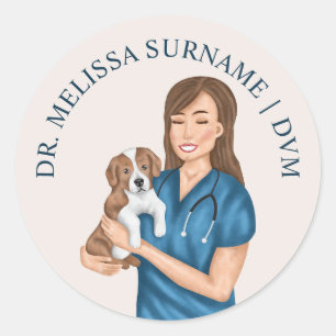 Adesivo Redondo Médica Veterinária Mulher Veterinária Com Um Cacho